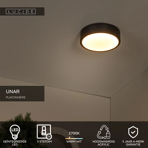 Lucide UNAR - Plafonnière - Ø 20 cm - LED 3 StepDim - 1x12W 2700K - Zwart - USP